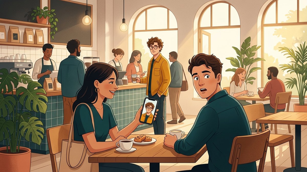 Maya showing Leo a photo on her smartphone of their mutual friend, while at the cafe counter stands a customer who is an uncanny identical lookalike