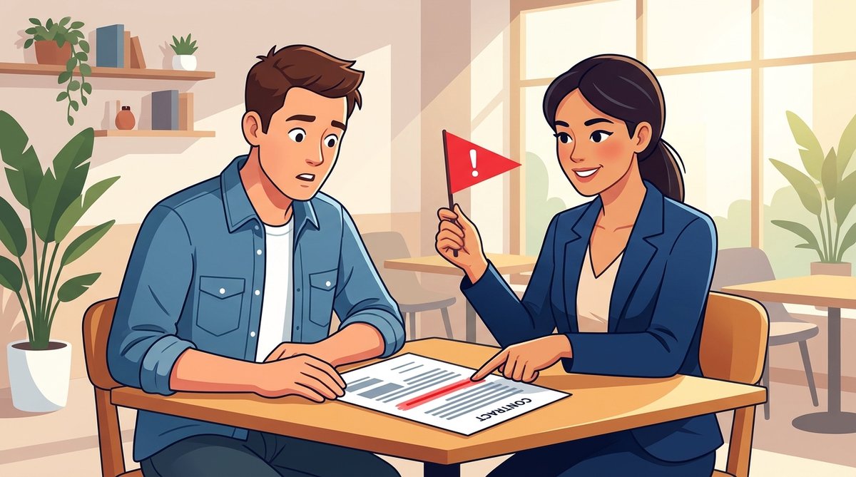 Maya showing Leo a red warning flag while reviewing a suspicious contract at a cafe table