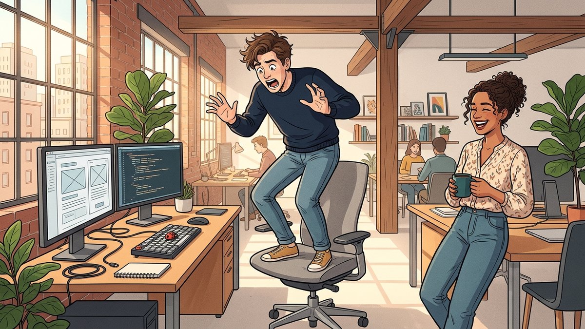Leo standing dramatically on his office chair in mock panic because a harmless ladybug landed on his keyboard, while Maya laughs over her coffee